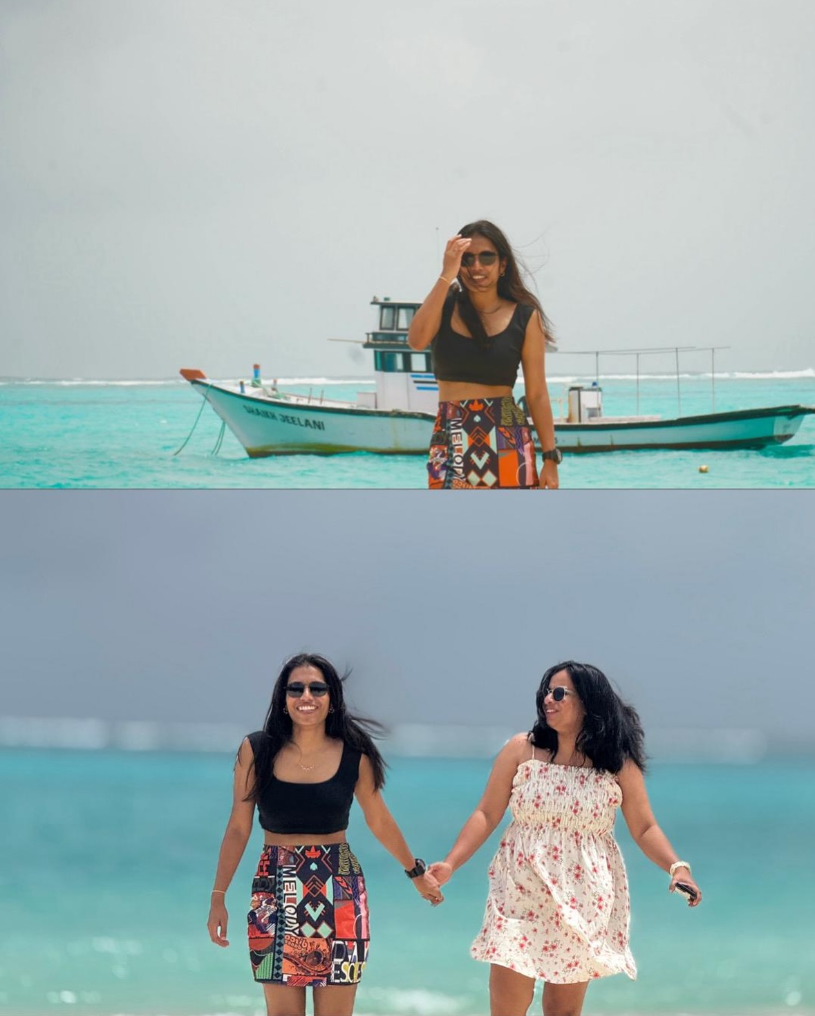Friends by a traditional fishing boat on the turquoise Lakshadweep lagoon