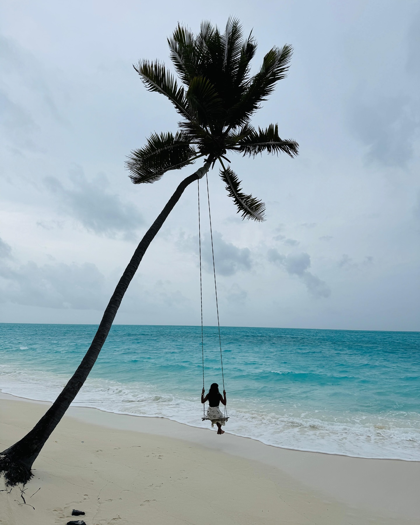 Woman on a rope swing under a palm tree by the Lakshadweep lagoon